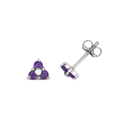 Amethyst 3 Stone Studs Earrings - White Gold